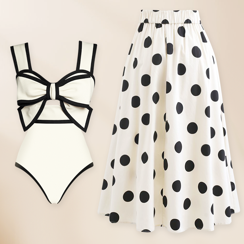 Bow Front Cutout Black and White One Piece Swimsuit and Skirt