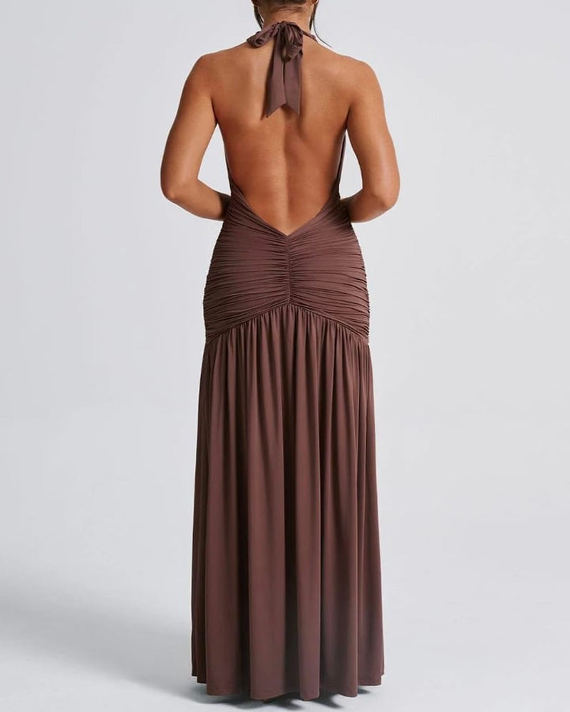 Deep V Neck Backless Ruched Split Thigh White Halter Vacation Dress