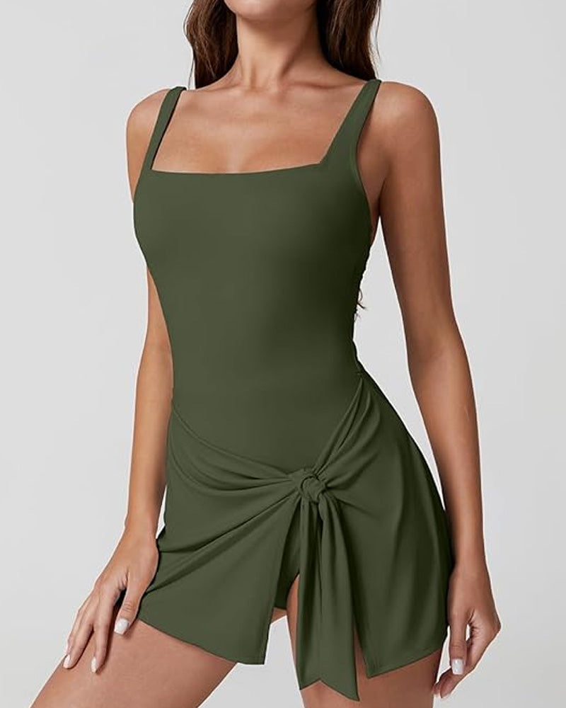 Women's Tummy-Control Square Neck Solid Color One-Piece Swimsuit