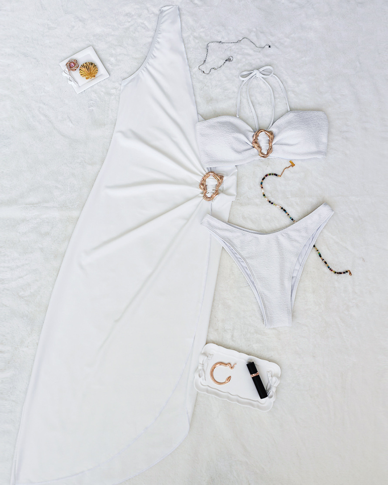 Women's Solid Beach Vacation Sexy Halter Bikini and One Shoulder Cover-up Set