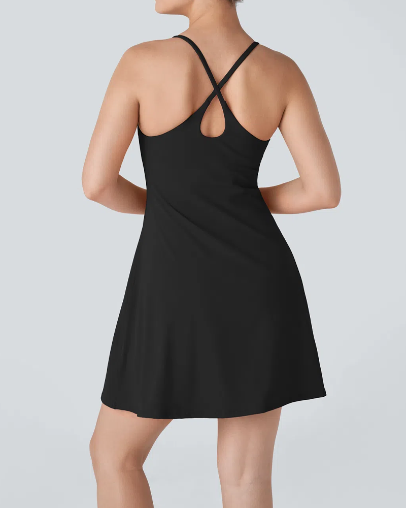 Women's Solid Color Sleeveless Casual Sports Dress with Pocket Shorts