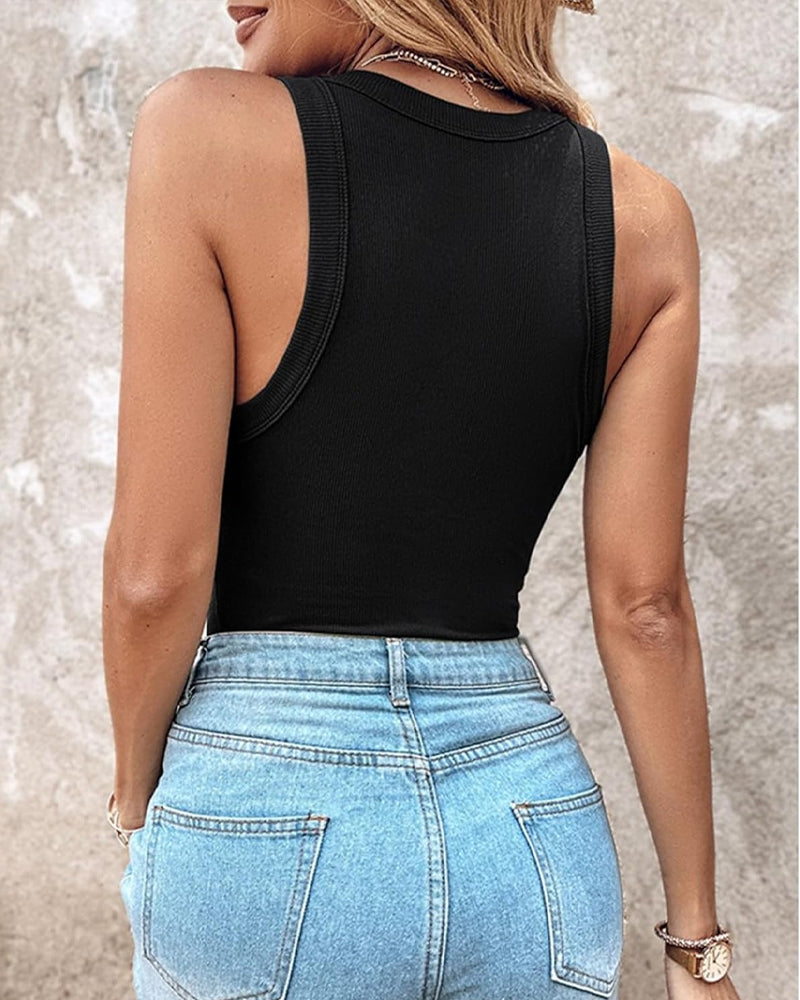 Women's Casual Comfort Round Neck Built-in Bra Ribbed Sleeveless Tank Top