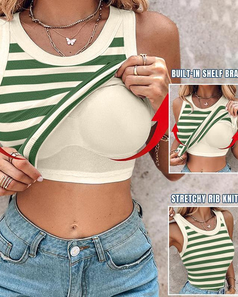 Women's Casual Comfort Round Neck Built-in Bra Ribbed Sleeveless Tank Top