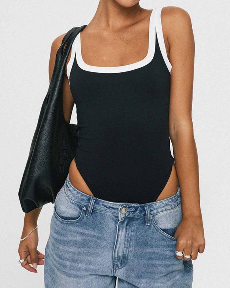Women's Sexy Colorblock Square Neck Sleeveless Bodysuit