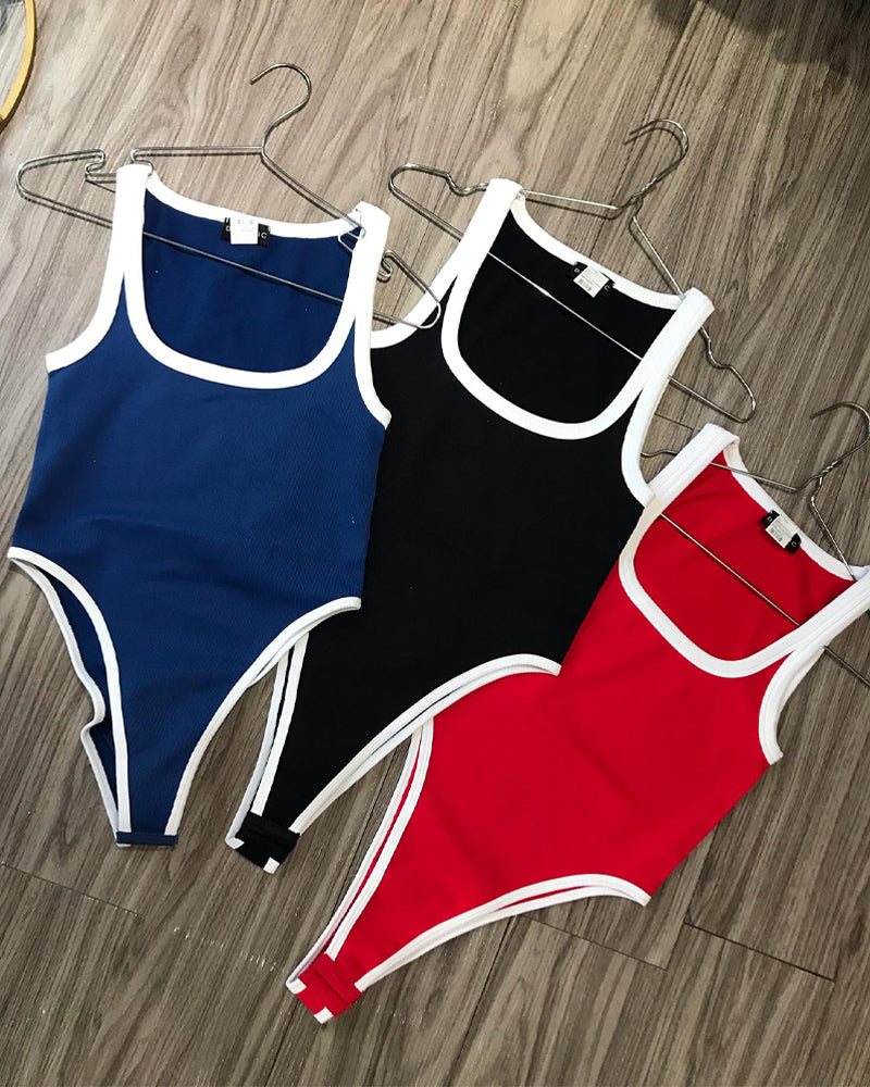 Women's Sexy Colorblock Square Neck Sleeveless Bodysuit