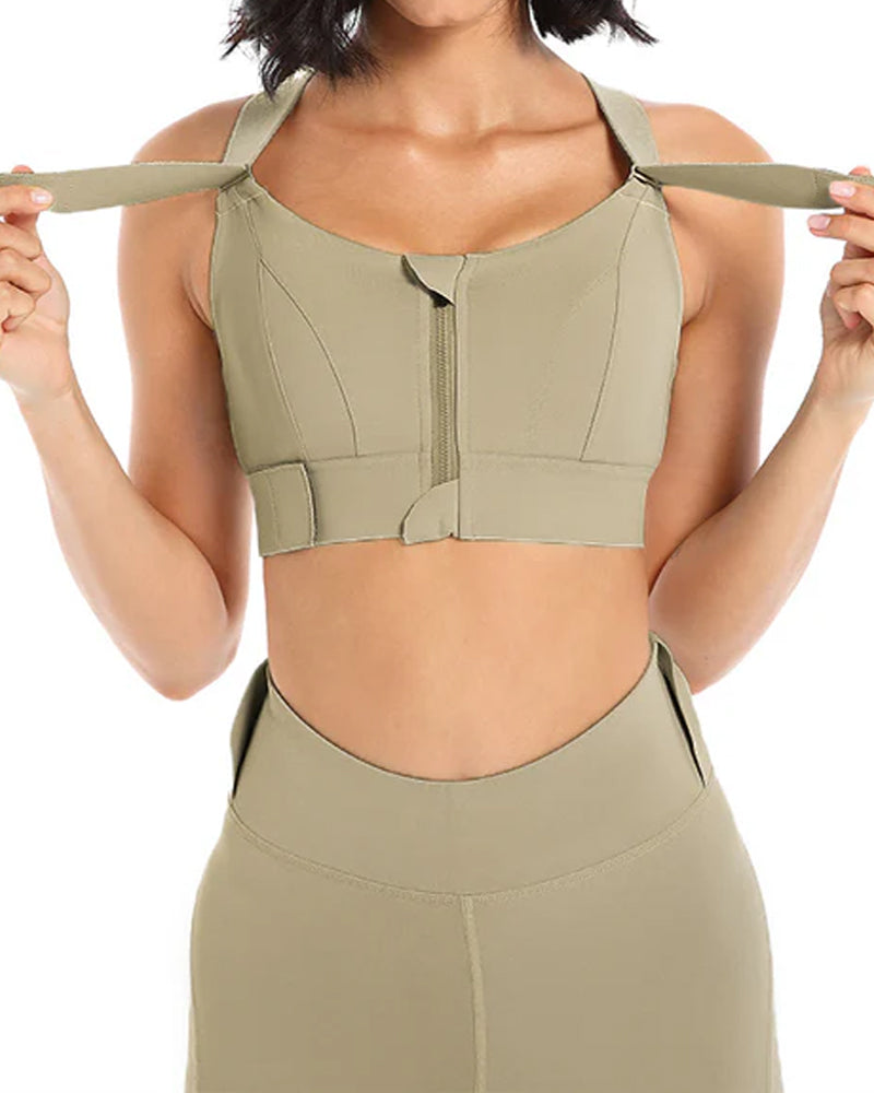 Women's Zipper Front High-Strength Support Adjustable Straps Cross Back Short Fitness Sports Bra
