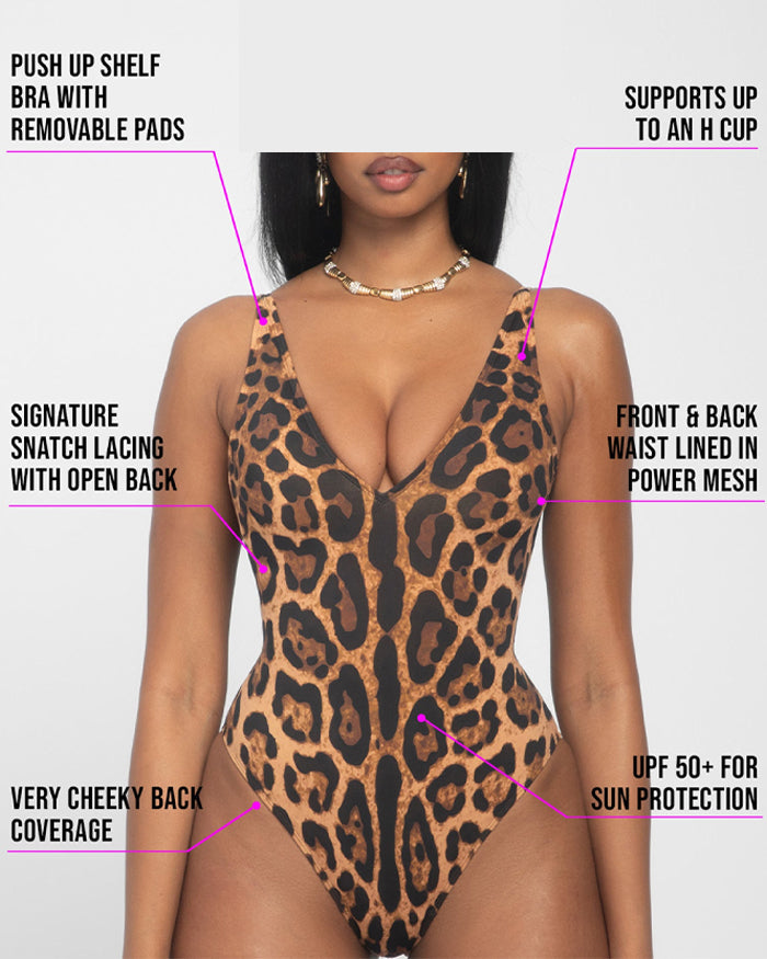 Women's Deep V Sexy Leopard Print Back Drawstring Waist Shaping One-Piece Swimsuit