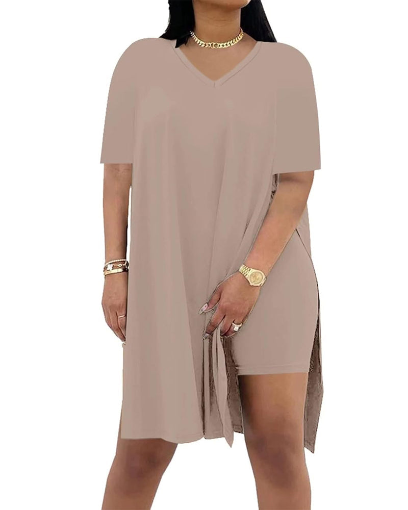 Women's V-Neck Short-Sleeved Loose Top and Tight Cycling Shorts Casual Sports Suit