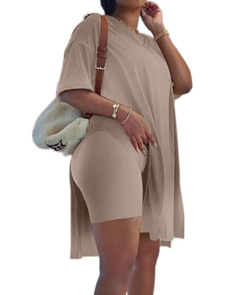 Women's V-Neck Short-Sleeved Loose Top and Tight Cycling Shorts Casual Sports Suit