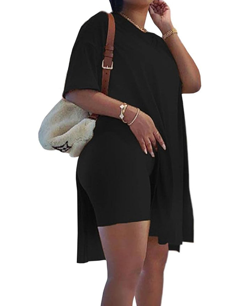 Women's V-Neck Short-Sleeved Loose Top and Tight Cycling Shorts Casual Sports Suit