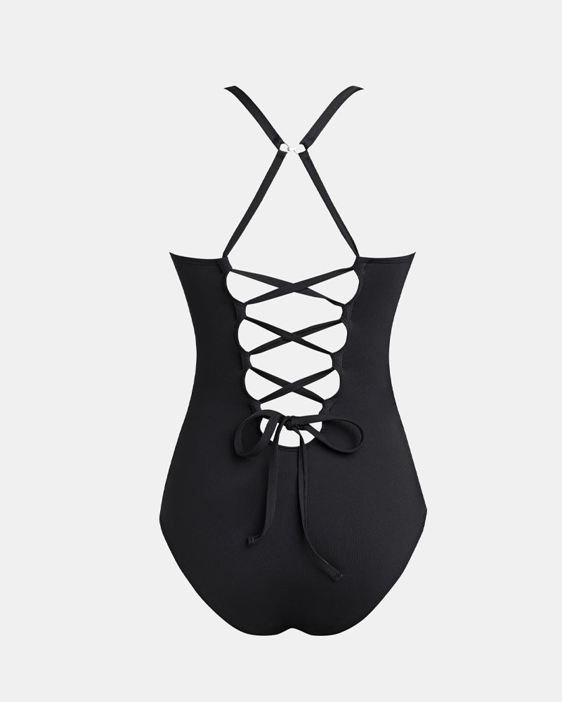 Sexy Deep V Low-Cut Slimming and Shaping Lace-Up Back Tummy-Control Adjustable Shoulder Straps One-Piece Swimsuit