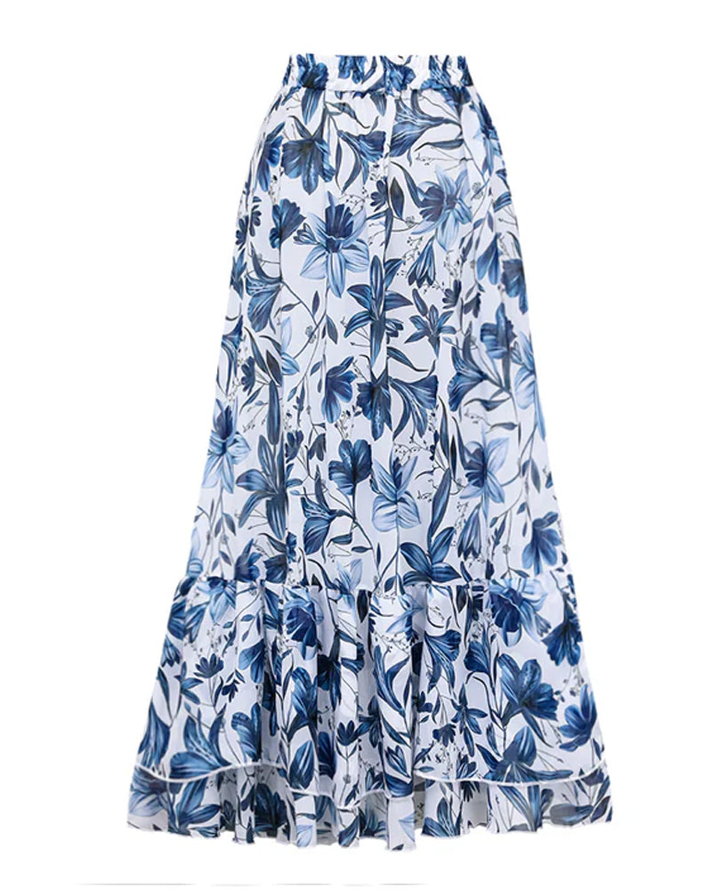 Retro Floral Colorblock Print V-Neck Lace-Up One-Piece Swimsuit and Skirt