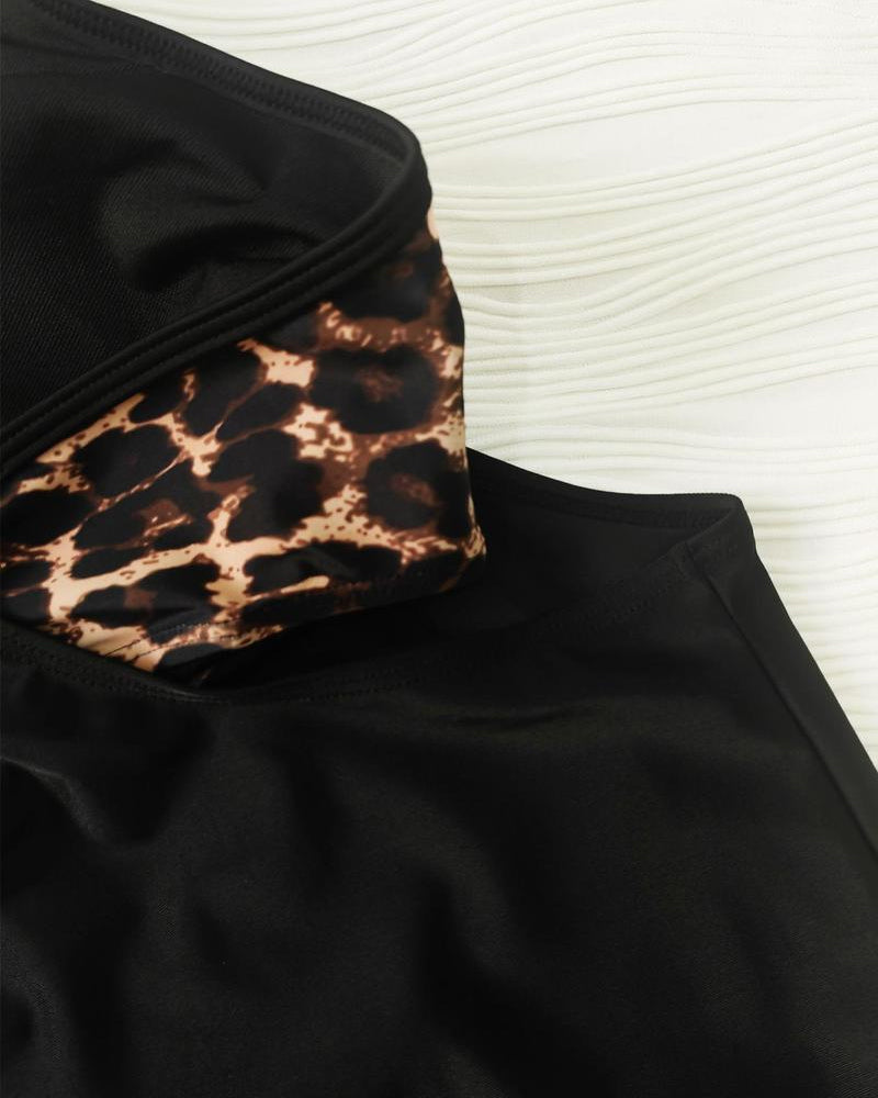 Vintage Leopard Print Adjustable Strap Swimsuit and Side Drawstring Swim Shorts Two-Piece Set