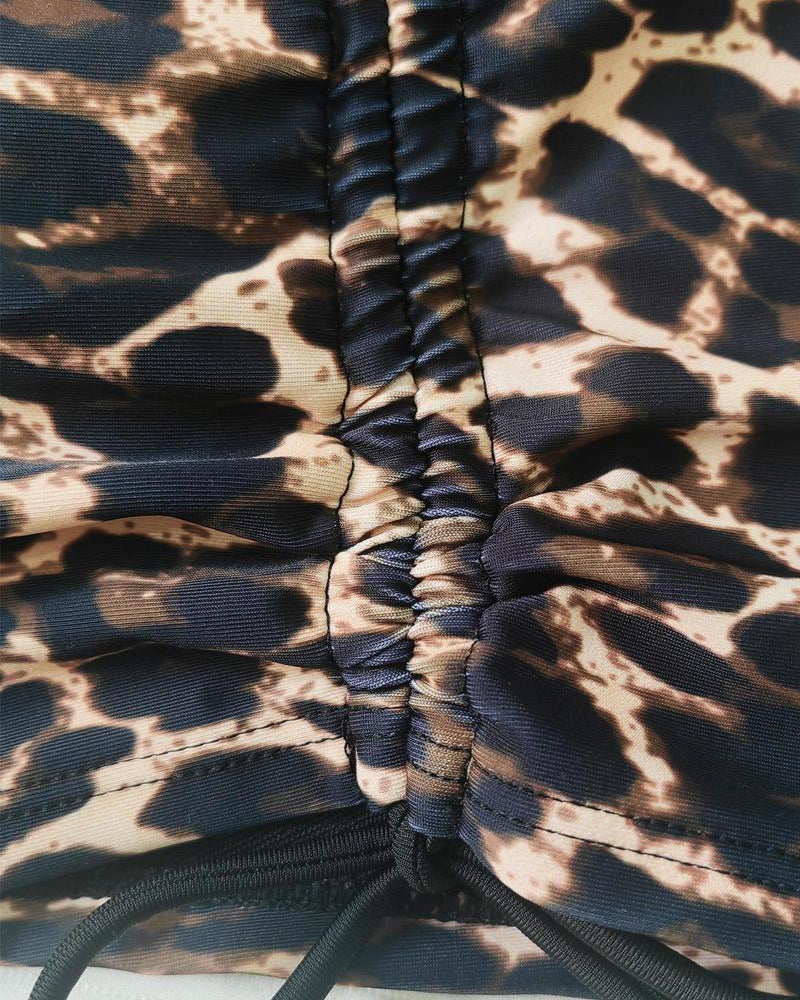 Vintage Leopard Print Adjustable Strap Swimsuit and Side Drawstring Swim Shorts Two-Piece Set