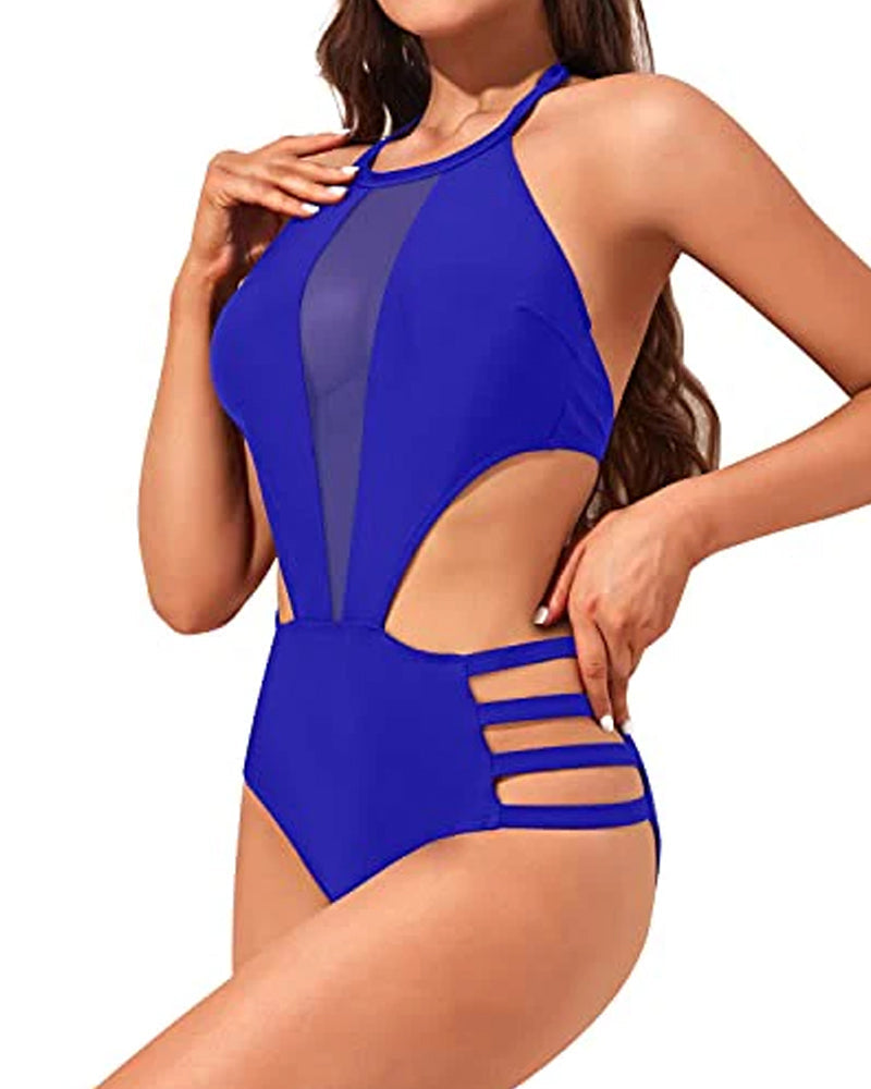 Women's Sexy Round Neck Open Back Mesh Stitching One-Piece Swimsuit