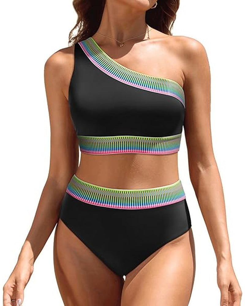 Women's One Shoulder Colorblock High Waist Bikini Set