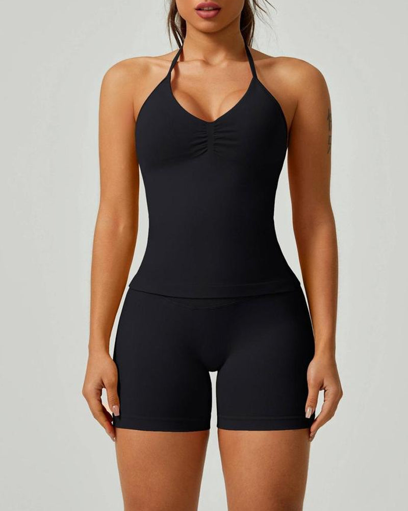 Solid Color Pleated Breathable Backless Top and High Waist Hip-Lifting Shorts Yoga Fitness Set