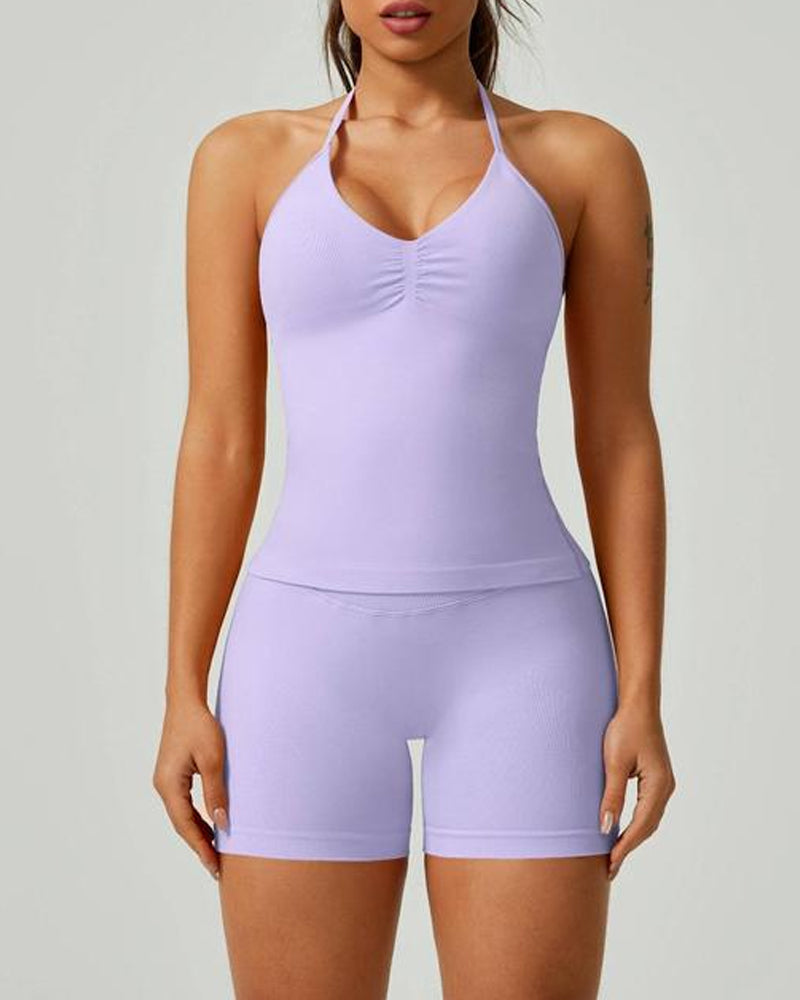 Solid Color Pleated Breathable Backless Top and High Waist Hip-Lifting Shorts Yoga Fitness Set