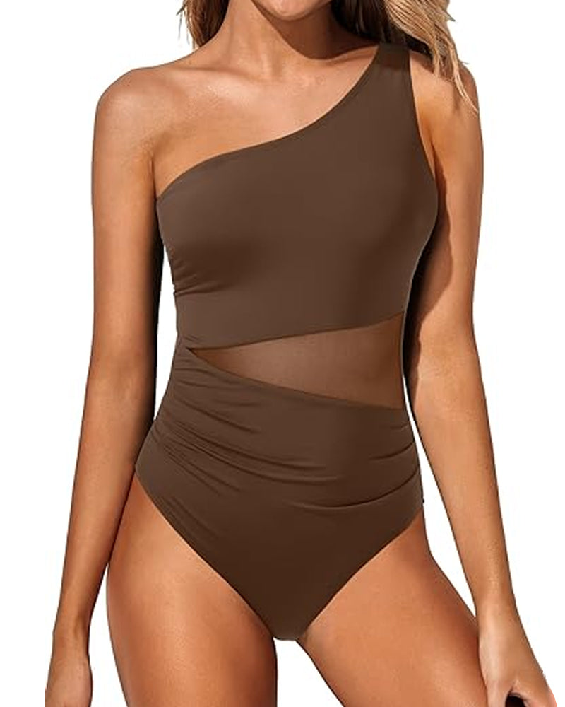 Women's Tummy-Control Mesh One-Shoulder One-Piece Swimsuit