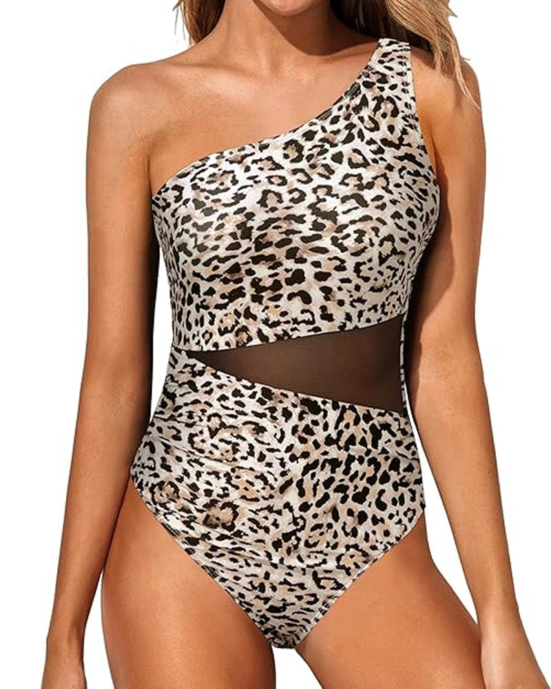 Women's Tummy-Control Mesh One-Shoulder One-Piece Swimsuit