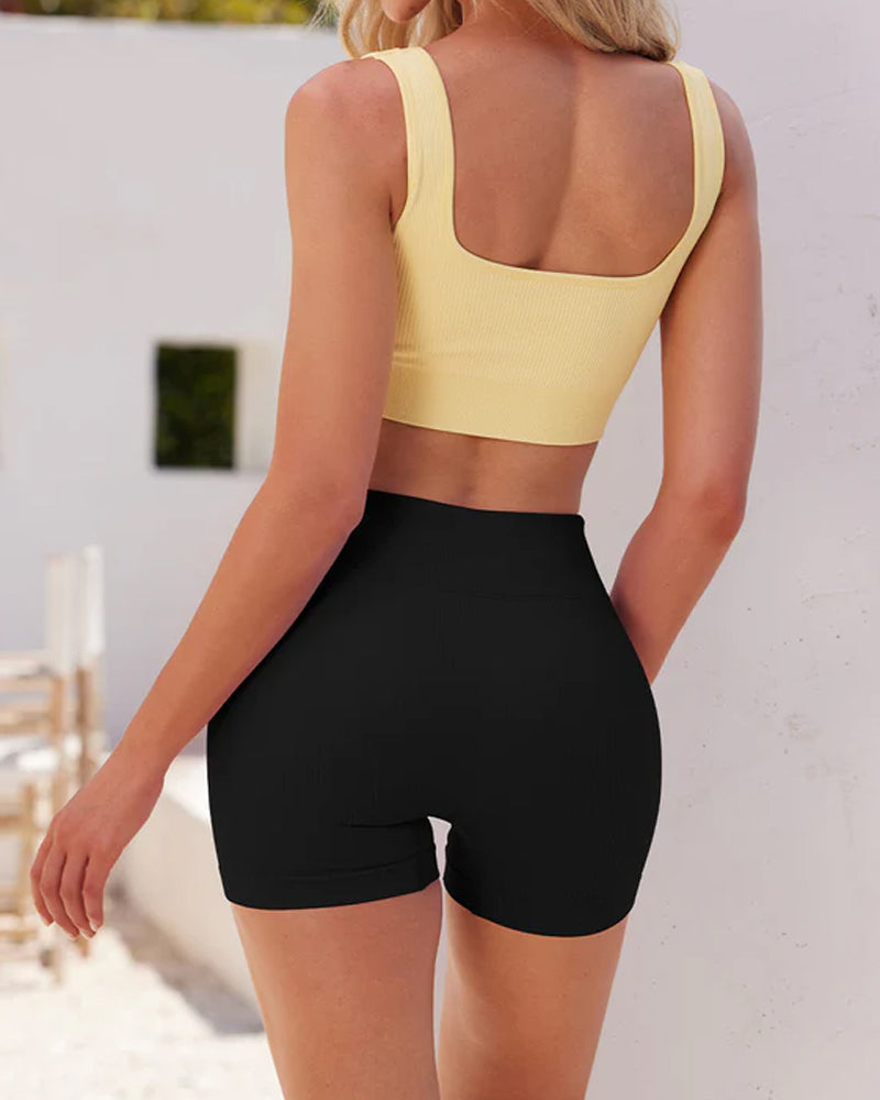 Ribbed High Waist Solid Skinny Yoga Sport Shorts