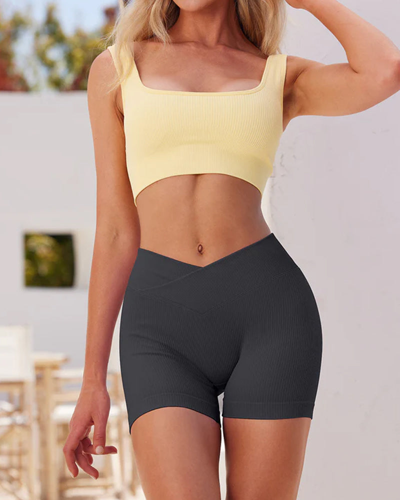 Ribbed High Waist Solid Skinny Yoga Sport Shorts
