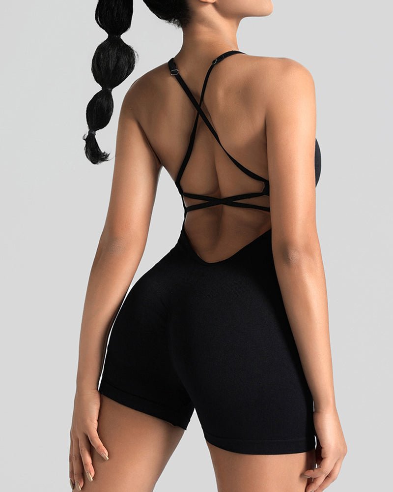 Women's Solid Color Cross Backless Adjustable Straps Sleeveless Bodycon Yoga Sports Bodysuit