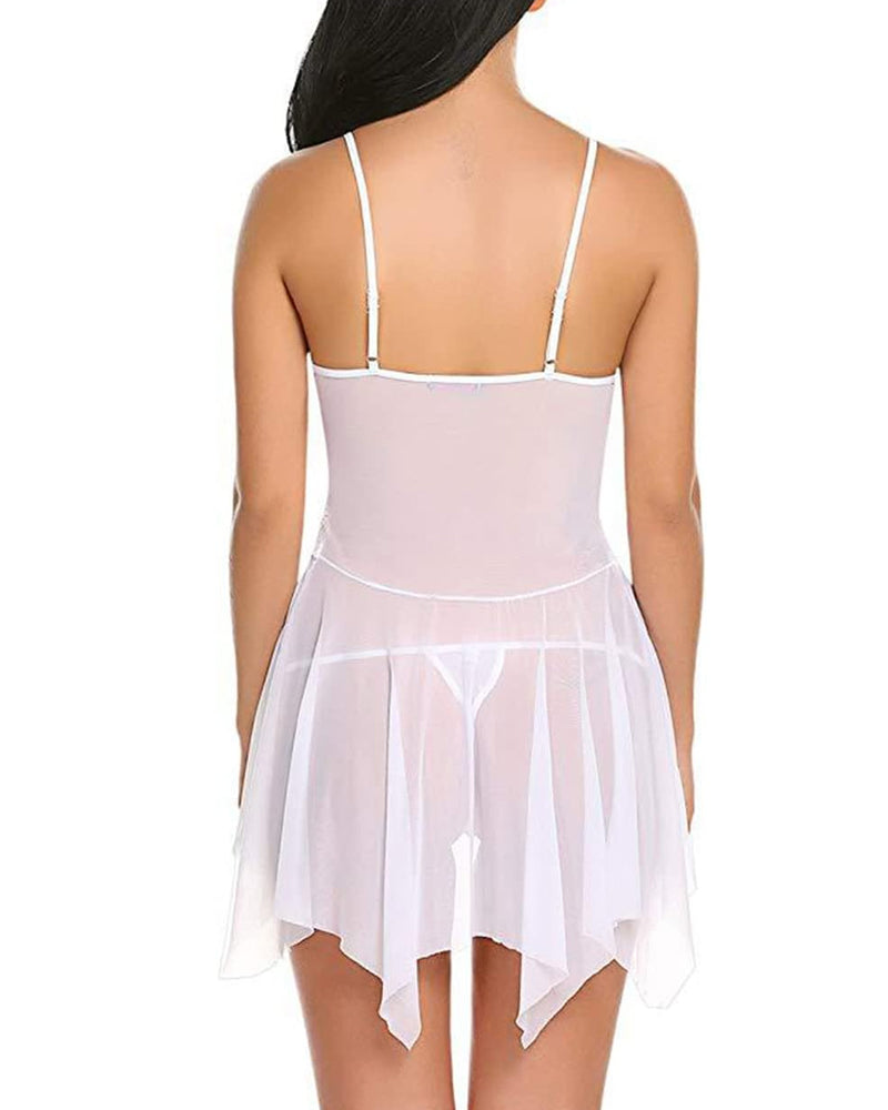 Women's Deep V Sexy Lace Mesh Irregular Hem Suspender Nightdress and Thong Set