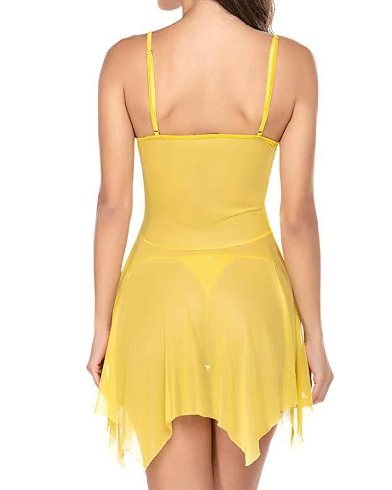 Women's Deep V Sexy Lace Mesh Irregular Hem Suspender Nightdress and Thong Set