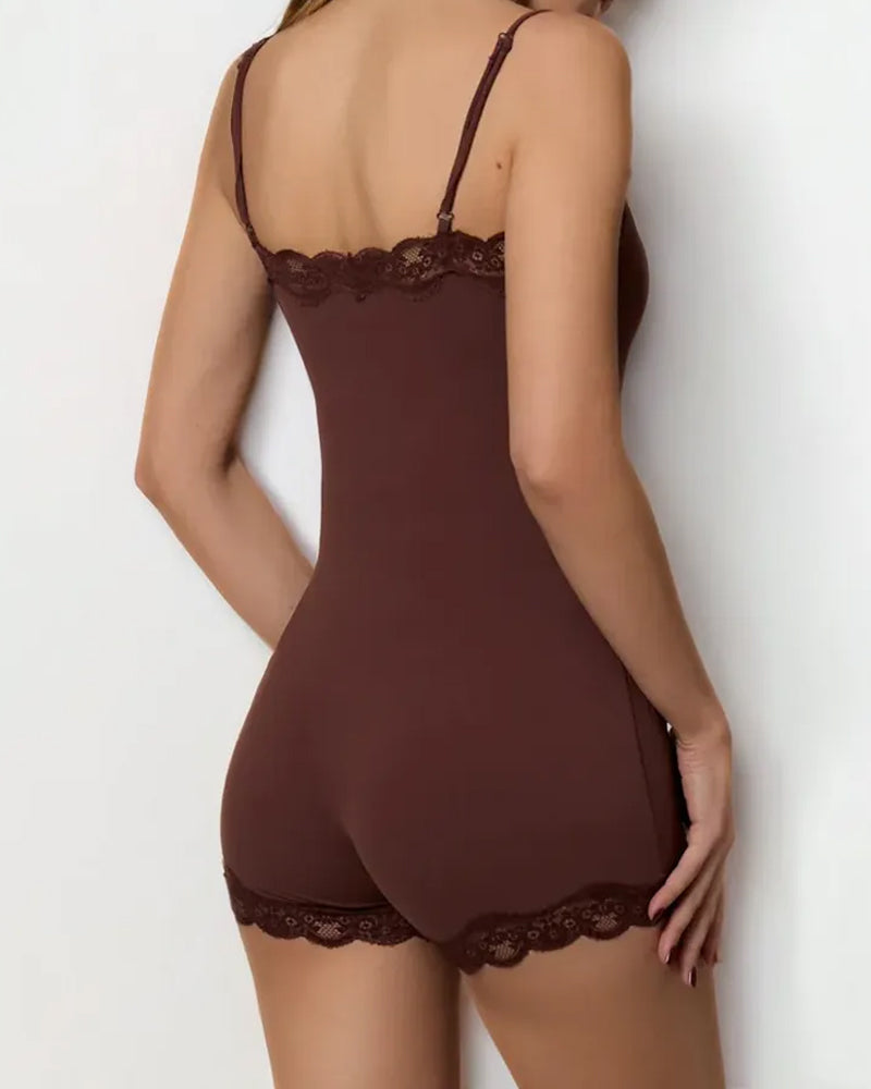Women's Spaghetti Strap Lace Seamless Sexy Bodysuit and Jumpsuit