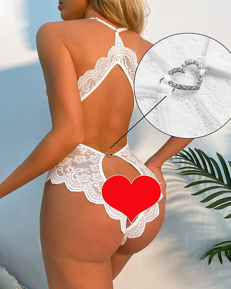 Deep V Sexy Lace Open Crotch Backless Heart Shaped Decoration One-Piece Pajamas