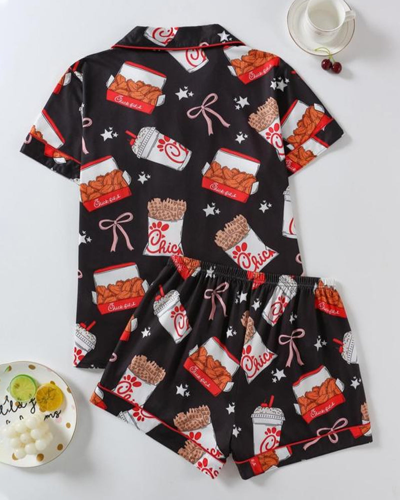 Women's Funny Fried Chicken Print Lapel Short Sleeve Shirt and Shorts Pajama Two-Piece Set