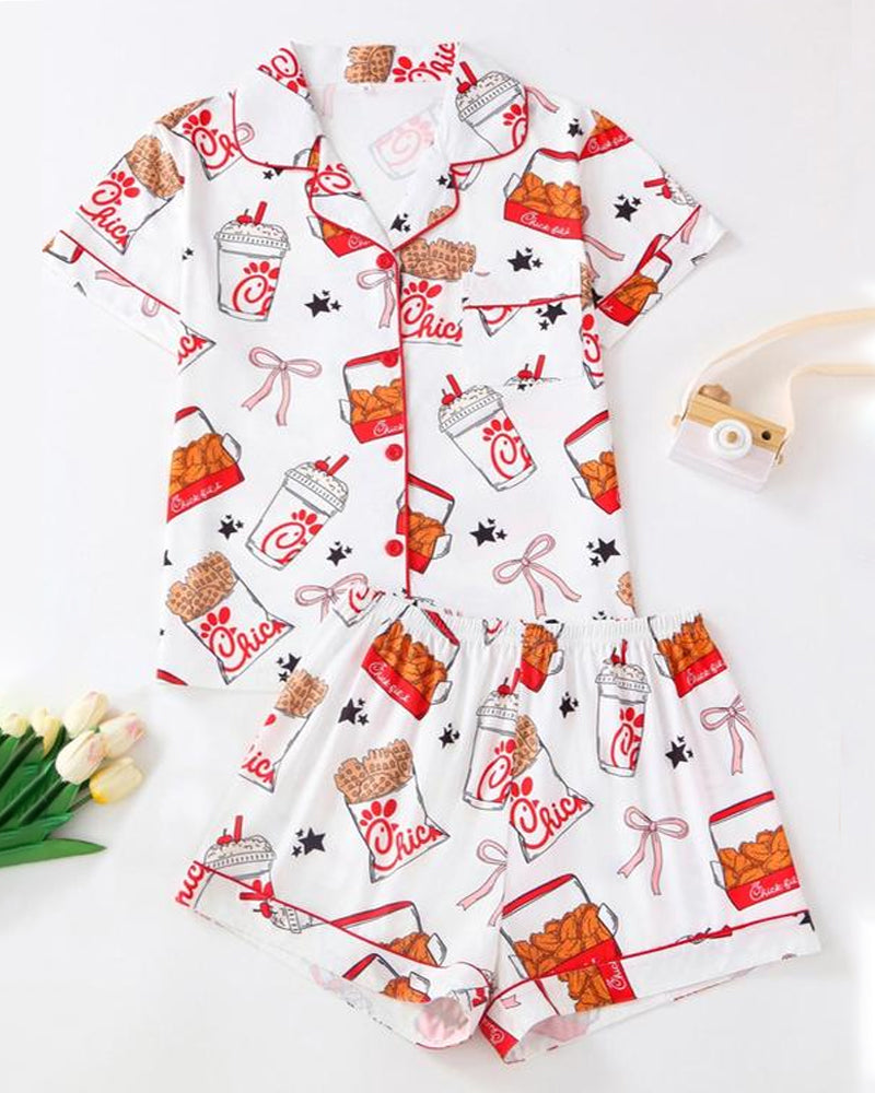 Women's Funny Fried Chicken Print Lapel Short Sleeve Shirt and Shorts Pajama Two-Piece Set