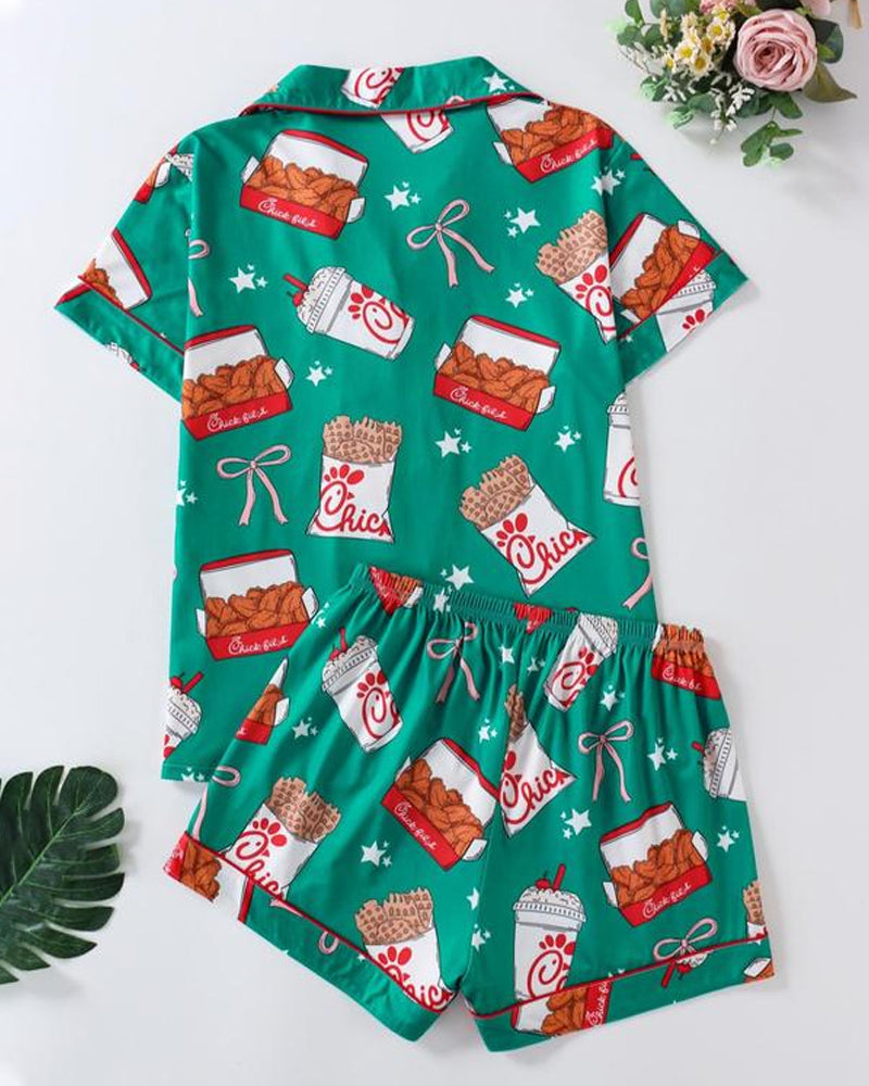 Women's Funny Fried Chicken Print Lapel Short Sleeve Shirt and Shorts Pajama Two-Piece Set