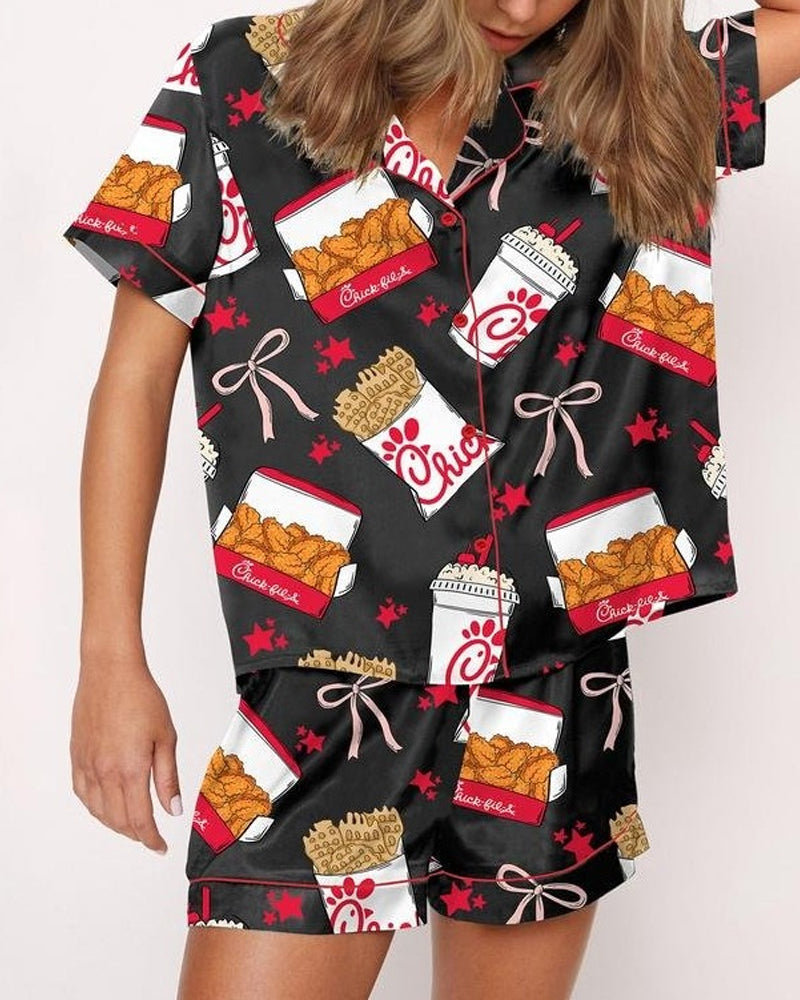 Women's Funny Fried Chicken Print Lapel Short Sleeve Shirt and Shorts Pajama Two-Piece Set