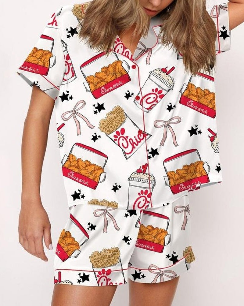 Women's Funny Fried Chicken Print Lapel Short Sleeve Shirt and Shorts Pajama Two-Piece Set