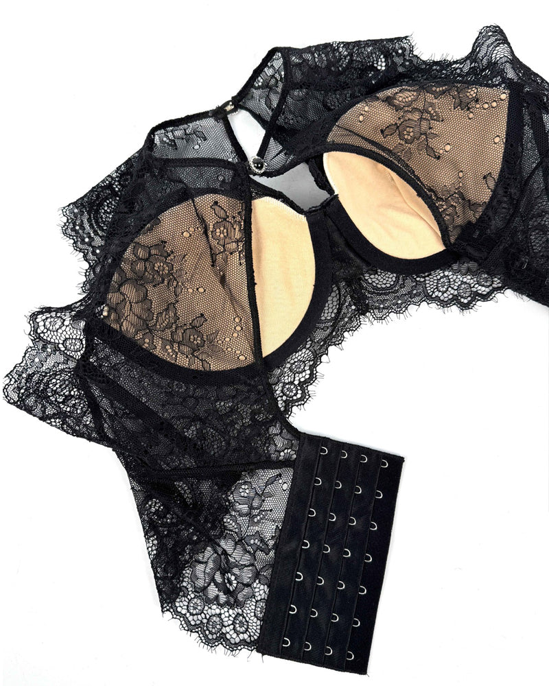 Black Sexy See-Through Lace Button Bra Top