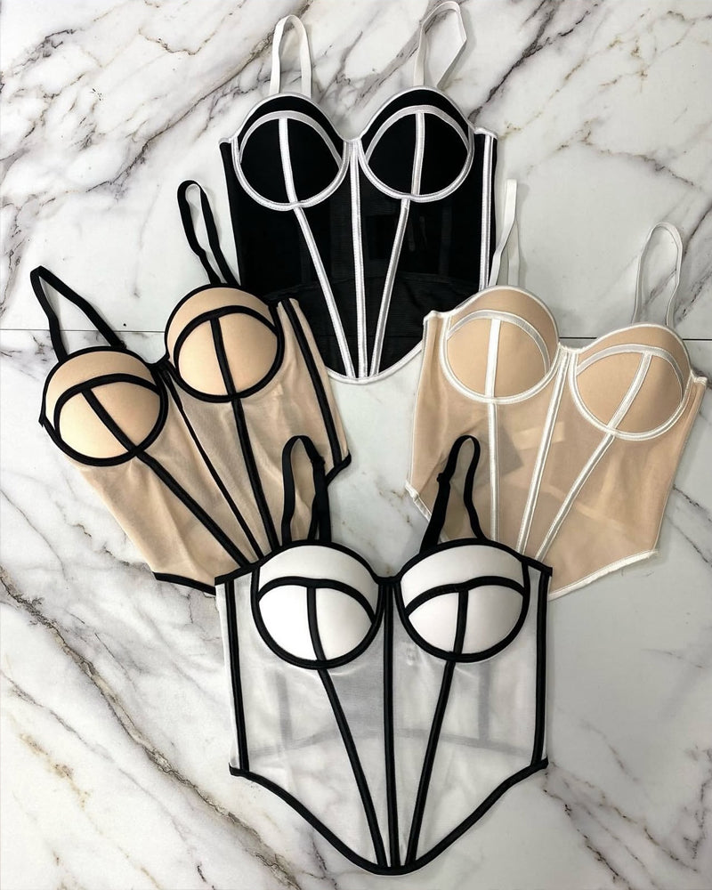 Sexy Herringbone Mesh Contrast Color Bustier Top