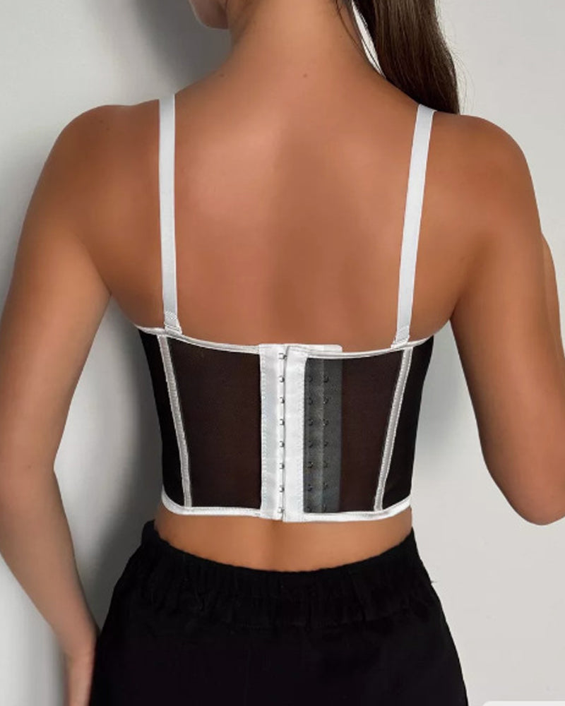 Sexy Herringbone Mesh Contrast Color Bustier Top