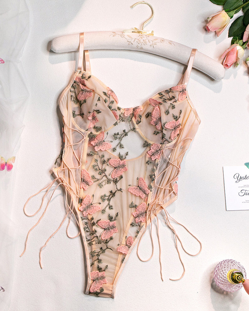 Women's Sexy Mesh Butterfly Embroidery Open Back Bodysuit