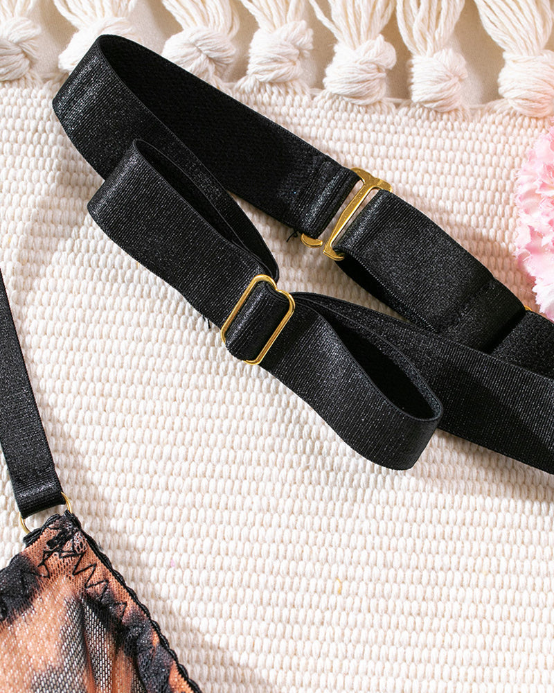 Sexy Leopard Push-Up Bra Underwear Thong Set With Stockings and Choker 6 Pieces Set