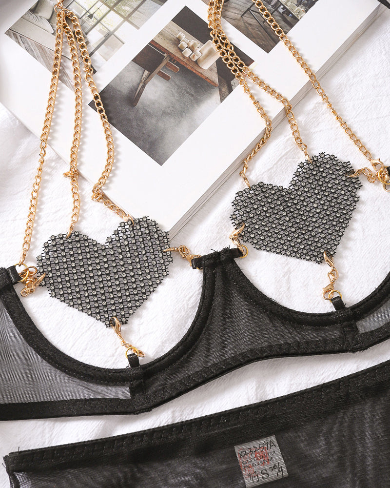 Sexy Metal Chain Suspender Heart Wire Ring Mesh See-through Pajama Set