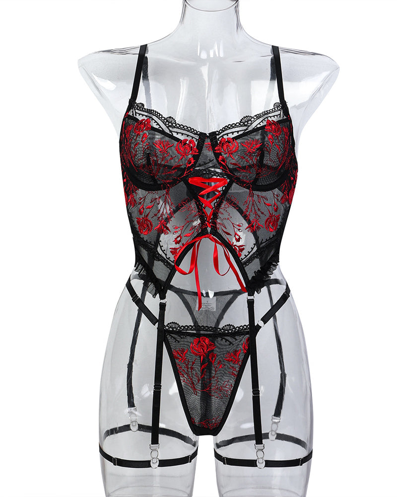 Sexy Flower Embroidered Cross Strap Pajamas Three Piece Set