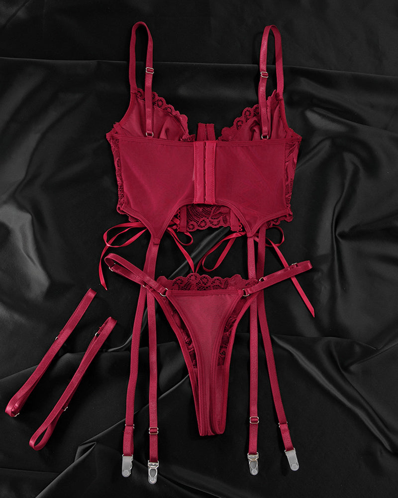 Sexy Lace Low-Cut Gathered String Bra and Thong Pajamas Set