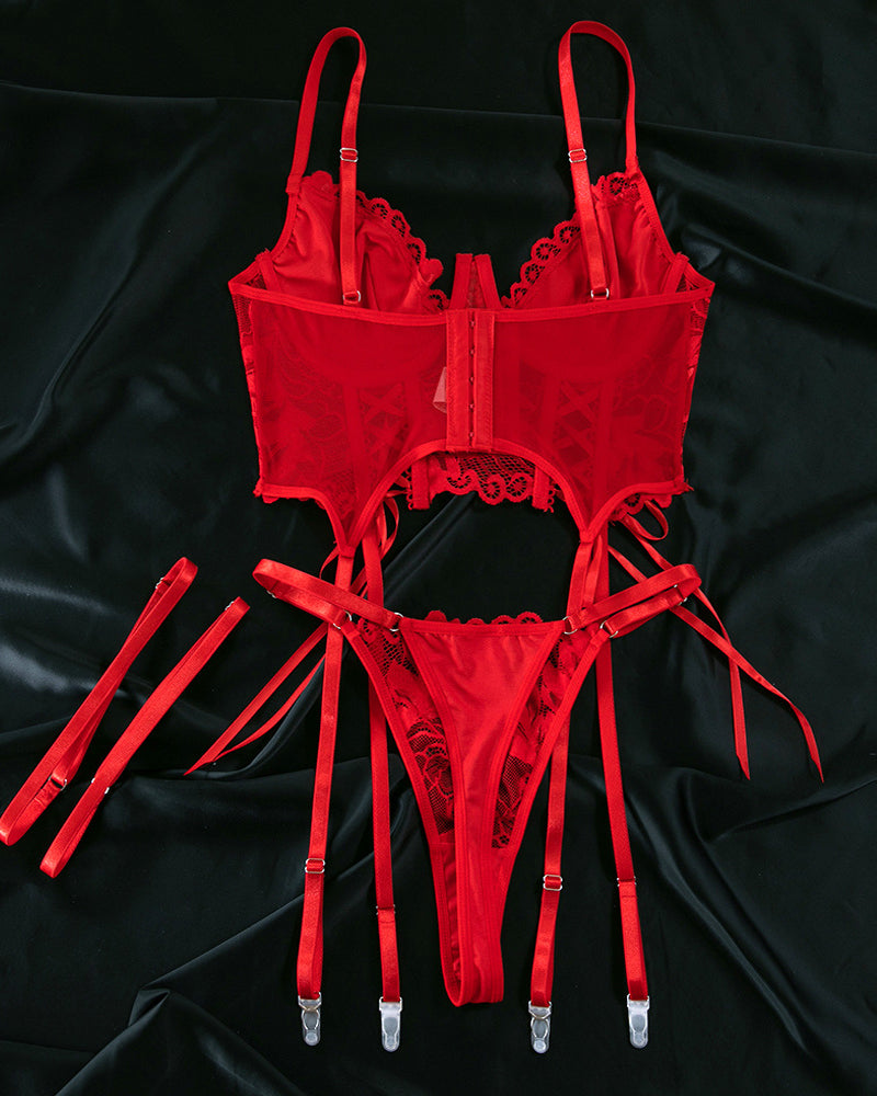 Sexy Lace Low-Cut Gathered String Bra and Thong Pajamas Set