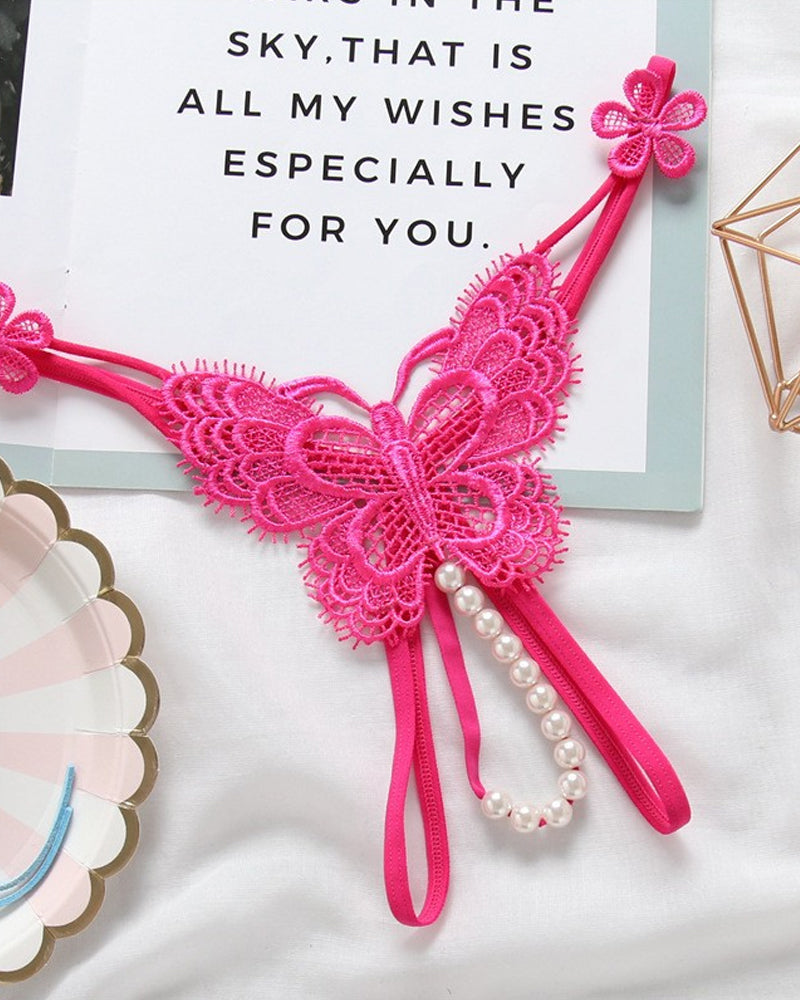 Sexy Lace Embroidery Crotchless Pearl Thong