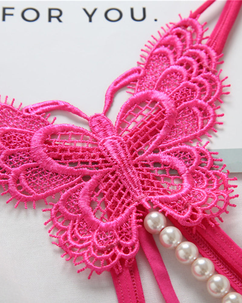 Sexy Lace Embroidery Crotchless Pearl Thong