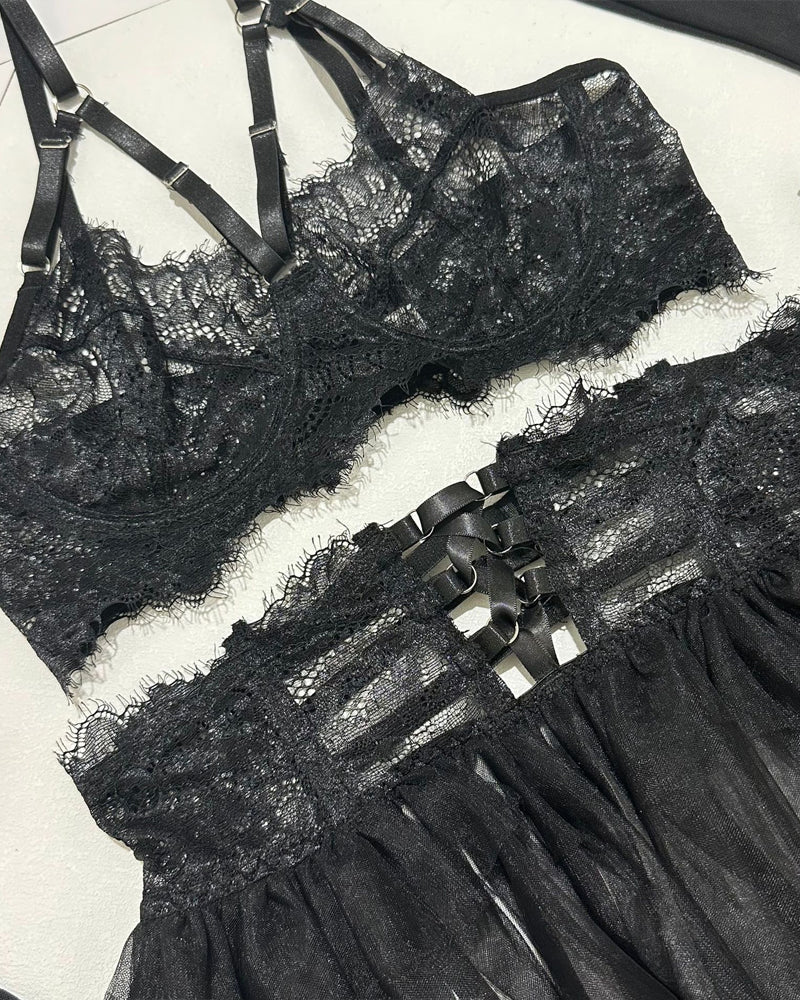 Sexy Lace See-Through Mesh Tulle Skirt Six-Piece Set