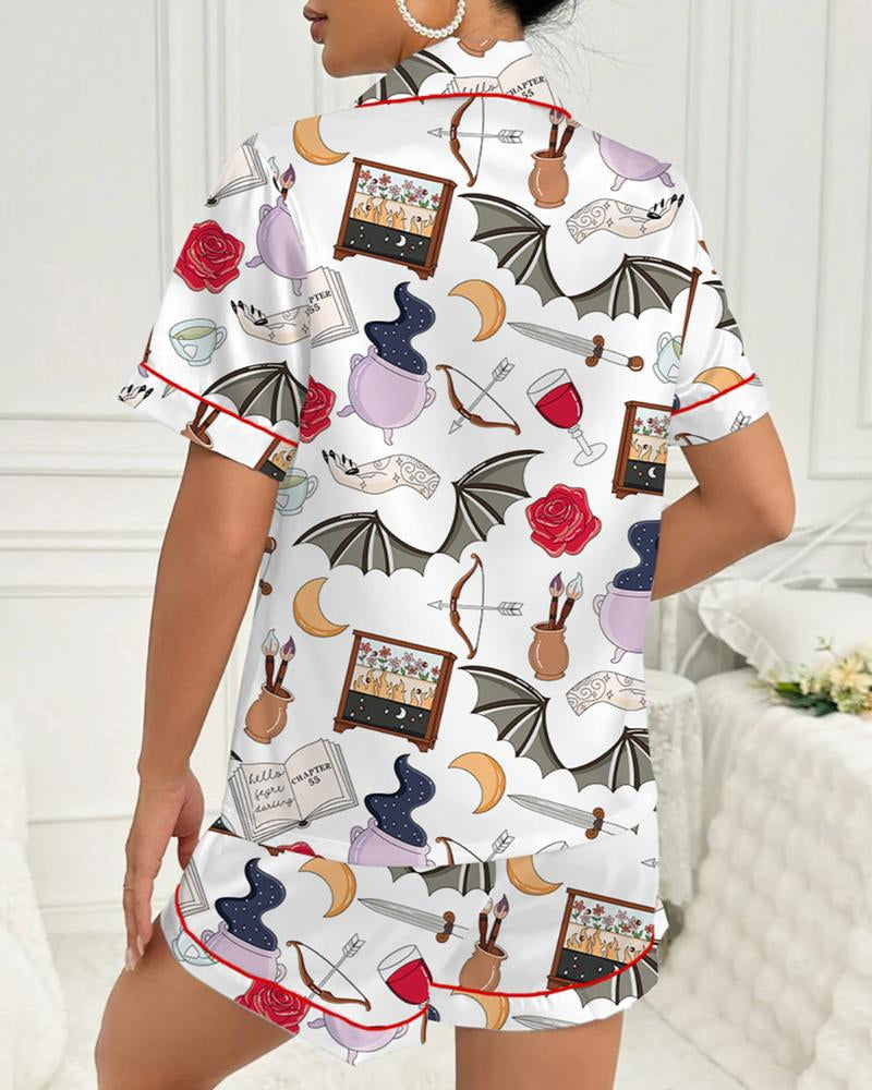 Women's Halloween Printed Casual Short Sleeve Top and Shorts Pajama Set