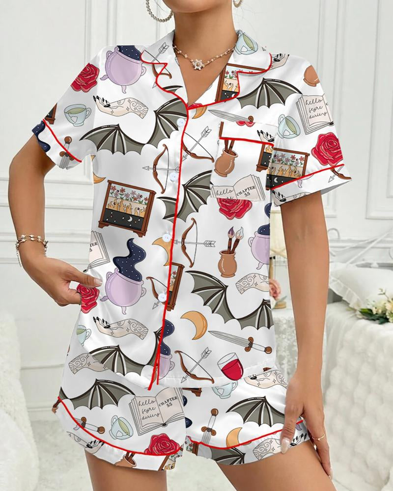 Women's Halloween Printed Casual Short Sleeve Top and Shorts Pajama Set
